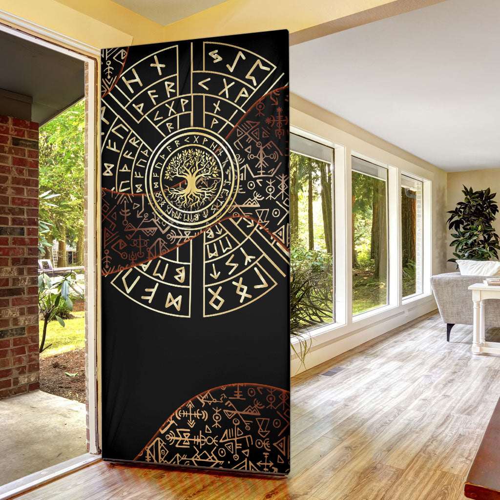Viking Shieldmaiden and Yggdrasil Door Cover Norse Rune Circle Mythology Illustration