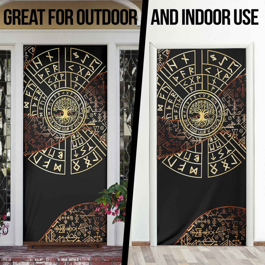 Viking Shieldmaiden and Yggdrasil Door Cover Norse Rune Circle Mythology Illustration