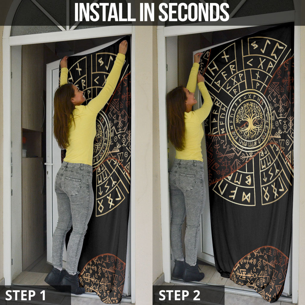 Viking Shieldmaiden and Yggdrasil Door Cover Norse Rune Circle Mythology Illustration