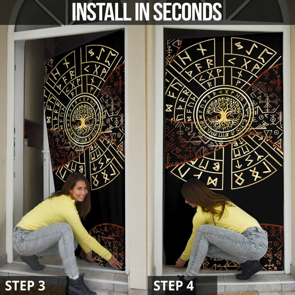 Viking Shieldmaiden and Yggdrasil Door Cover Norse Rune Circle Mythology Illustration