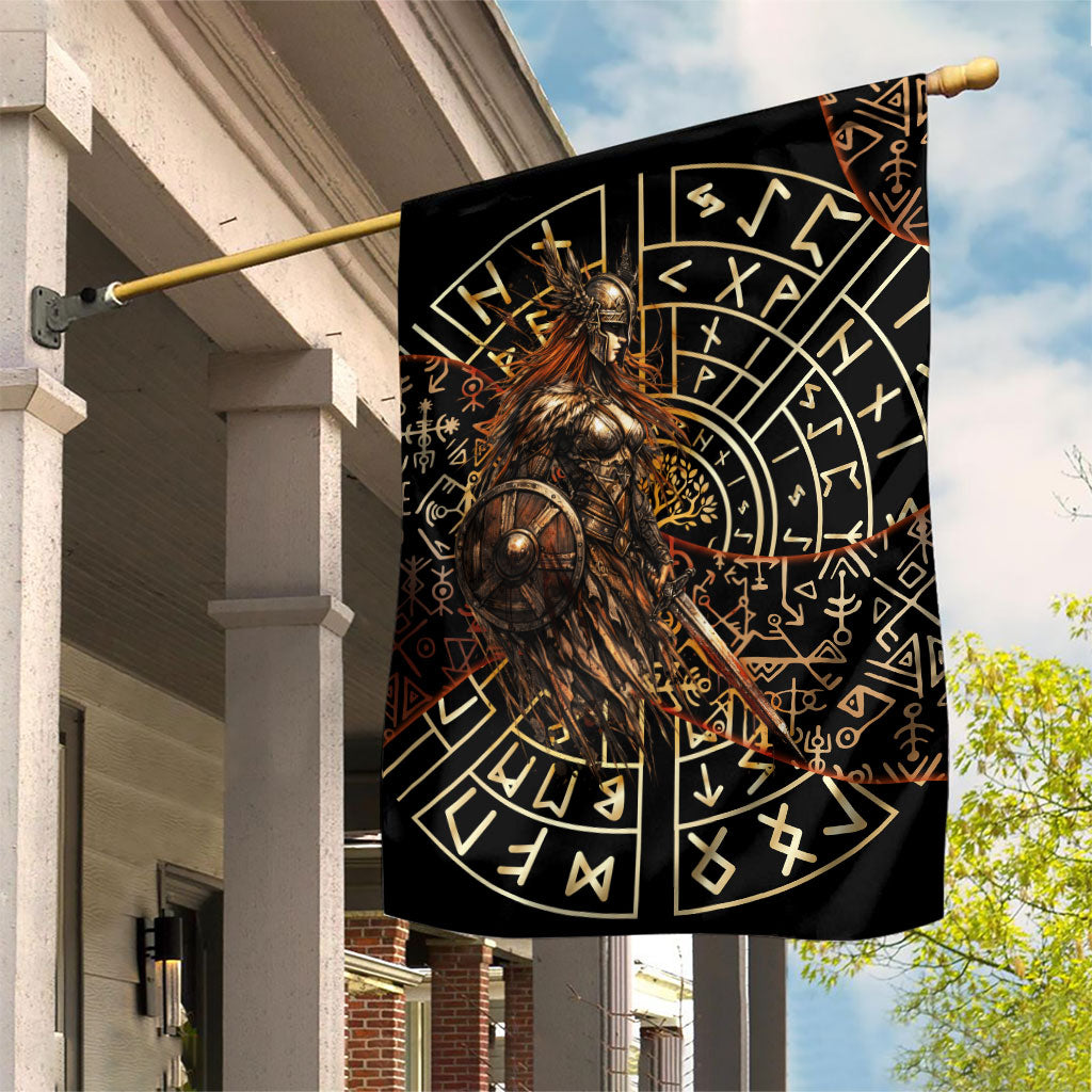 Viking Shieldmaiden and Yggdrasil Garden Flag Norse Rune Circle Mythology Illustration