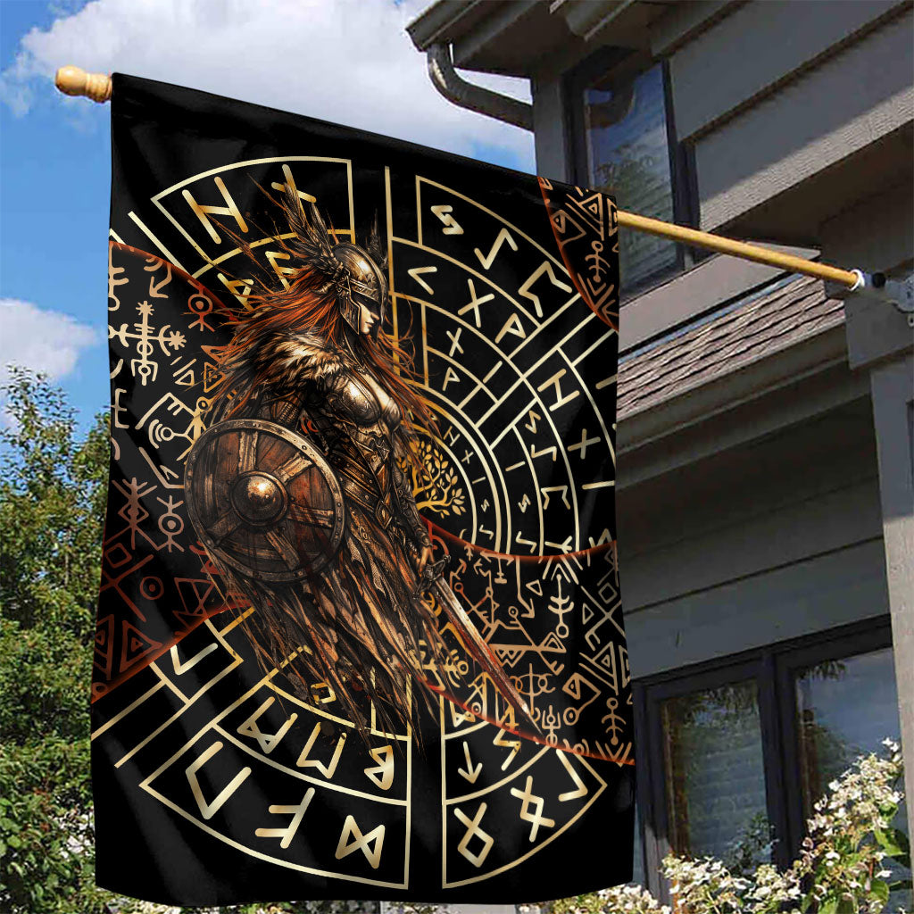 Viking Shieldmaiden and Yggdrasil Garden Flag Norse Rune Circle Mythology Illustration