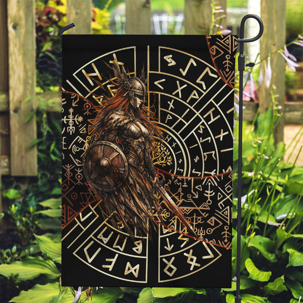 Viking Shieldmaiden and Yggdrasil Garden Flag Norse Rune Circle Mythology Illustration