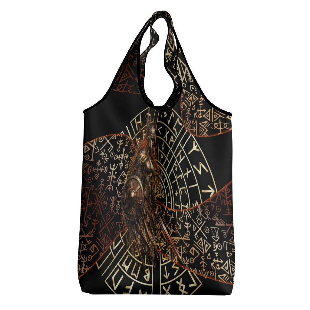 Viking Shieldmaiden and Yggdrasil Grocery Bag Norse Rune Circle Mythology Illustration