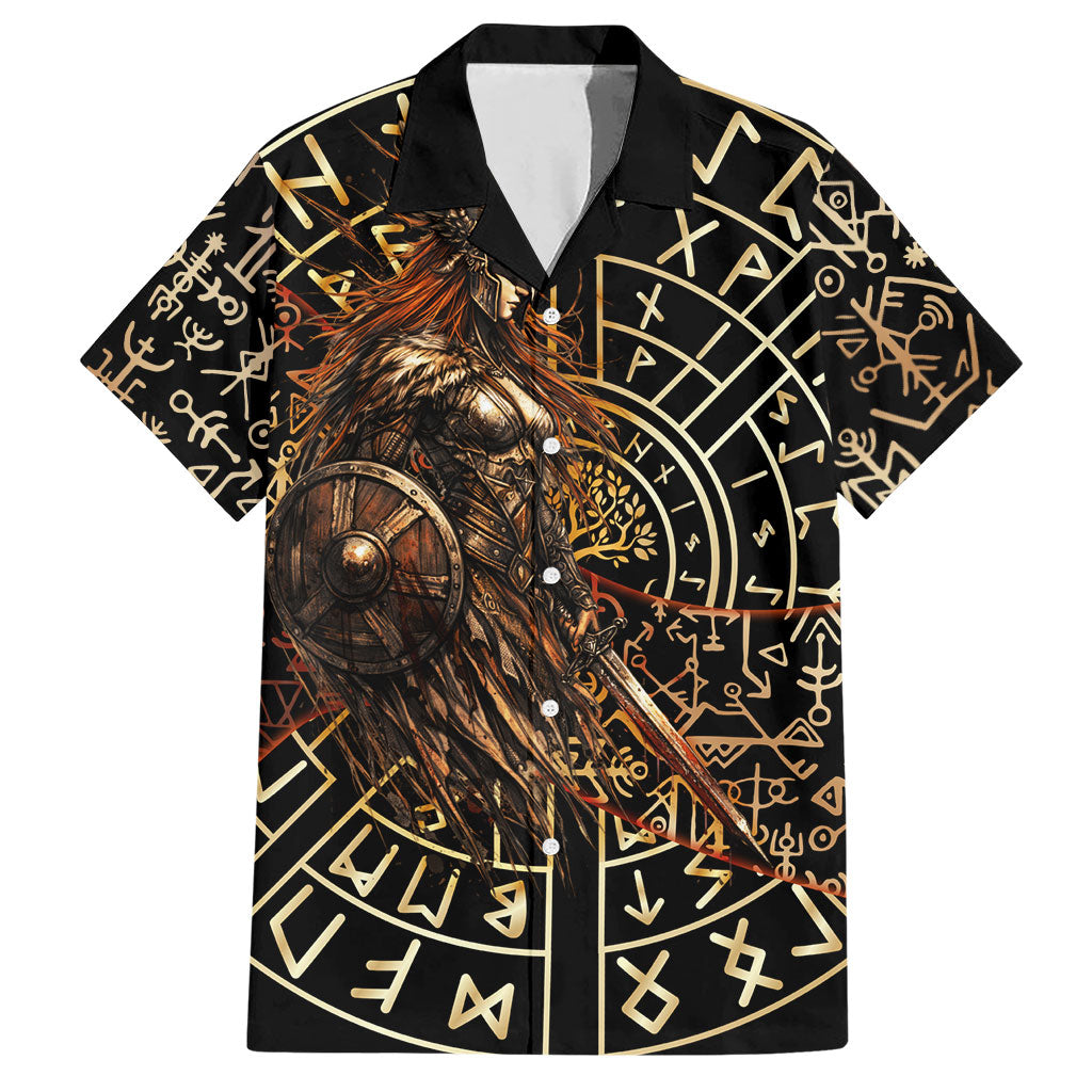 Viking Shieldmaiden and Yggdrasil Hawaiian Shirt Norse Rune Circle Mythology Illustration
