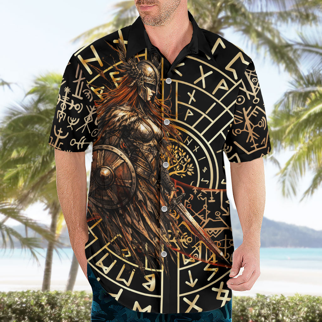 Viking Shieldmaiden and Yggdrasil Hawaiian Shirt Norse Rune Circle Mythology Illustration