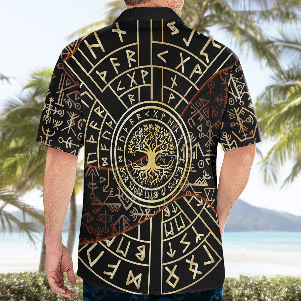 Viking Shieldmaiden and Yggdrasil Hawaiian Shirt Norse Rune Circle Mythology Illustration