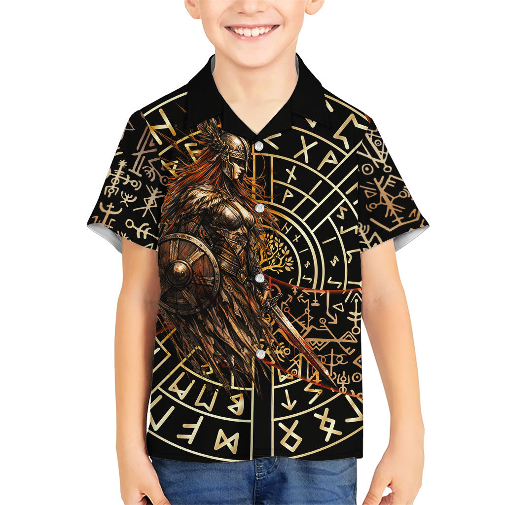 Viking Shieldmaiden and Yggdrasil Hawaiian Shirt Norse Rune Circle Mythology Illustration