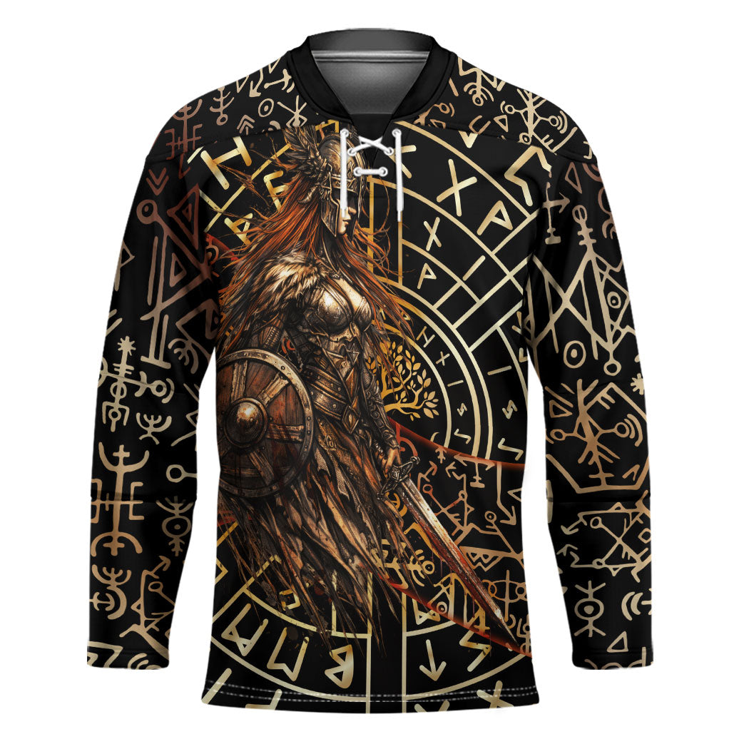 Viking Shieldmaiden and Yggdrasil Hockey Jersey Norse Rune Circle Mythology Illustration