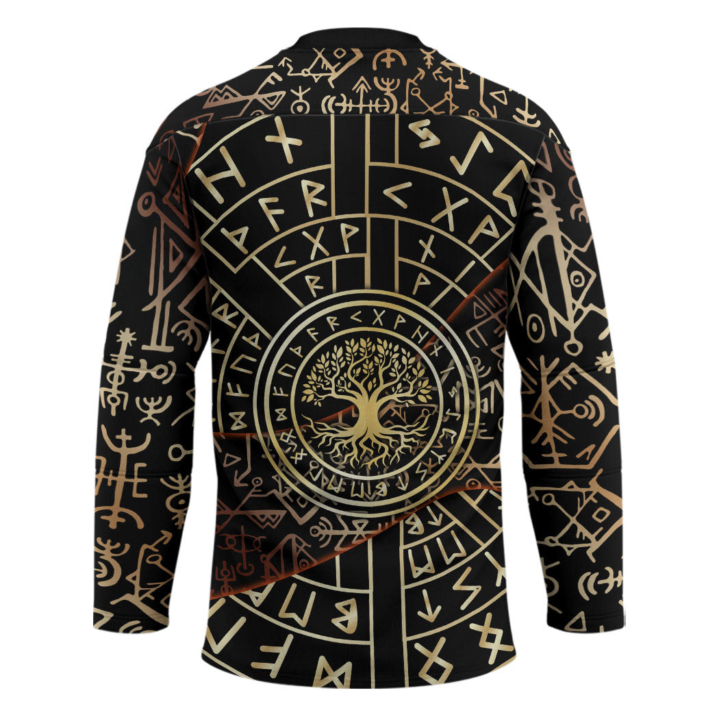 Viking Shieldmaiden and Yggdrasil Hockey Jersey Norse Rune Circle Mythology Illustration