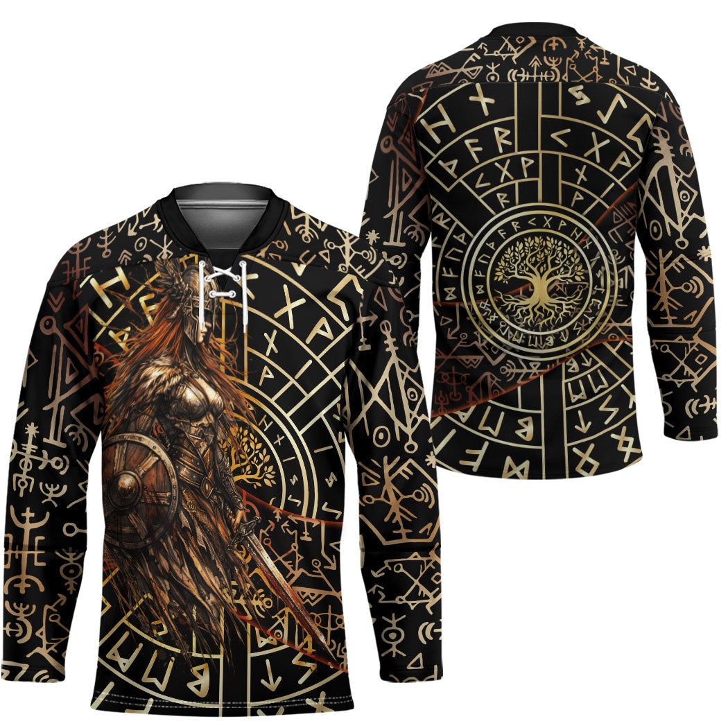 Viking Shieldmaiden and Yggdrasil Hockey Jersey Norse Rune Circle Mythology Illustration