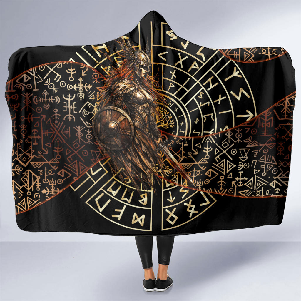 Viking Shieldmaiden and Yggdrasil Hooded Blanket Norse Rune Circle Mythology Illustration