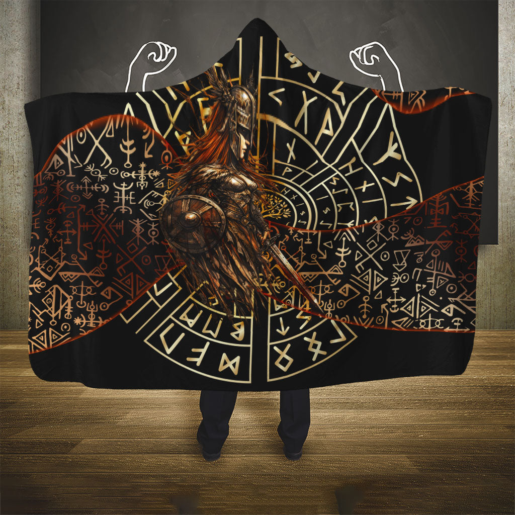 Viking Shieldmaiden and Yggdrasil Hooded Blanket Norse Rune Circle Mythology Illustration