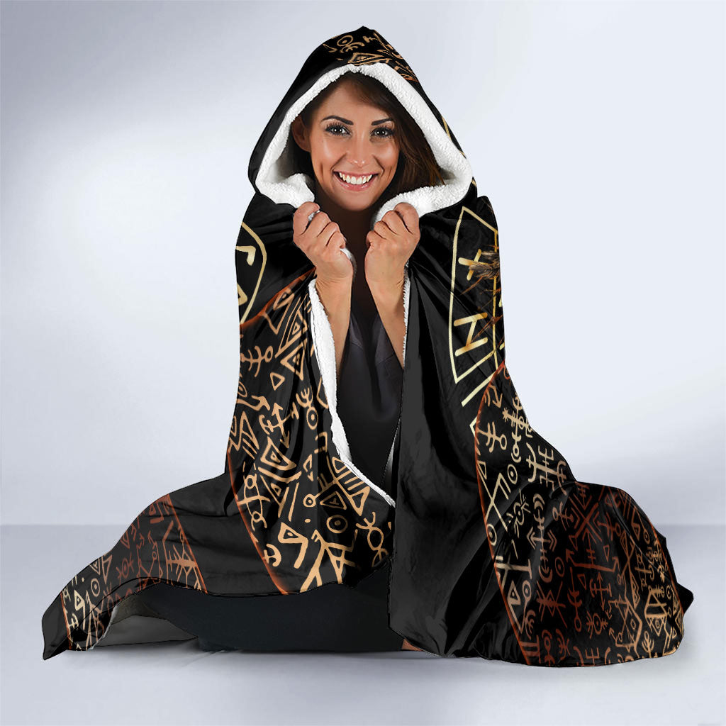 Viking Shieldmaiden and Yggdrasil Hooded Blanket Norse Rune Circle Mythology Illustration