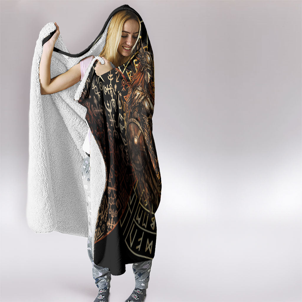 Viking Shieldmaiden and Yggdrasil Hooded Blanket Norse Rune Circle Mythology Illustration