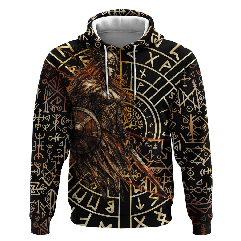 Viking Shieldmaiden and Yggdrasil Hoodie Norse Rune Circle Mythology Illustration
