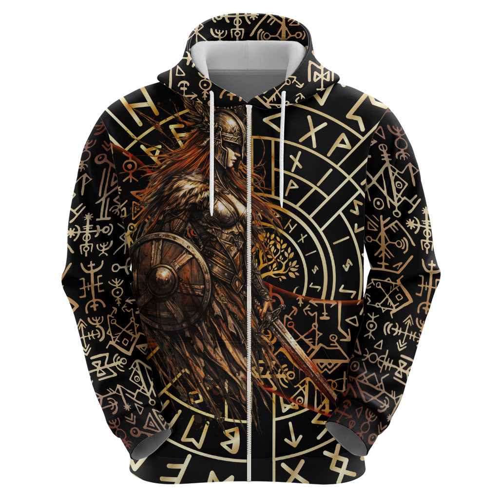 Viking Shieldmaiden and Yggdrasil Hoodie Norse Rune Circle Mythology Illustration