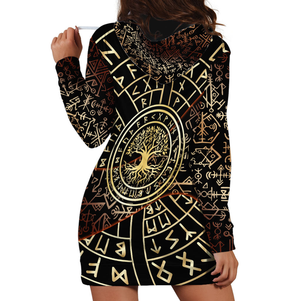 Viking Shieldmaiden and Yggdrasil Hoodie Dress Norse Rune Circle Mythology Illustration