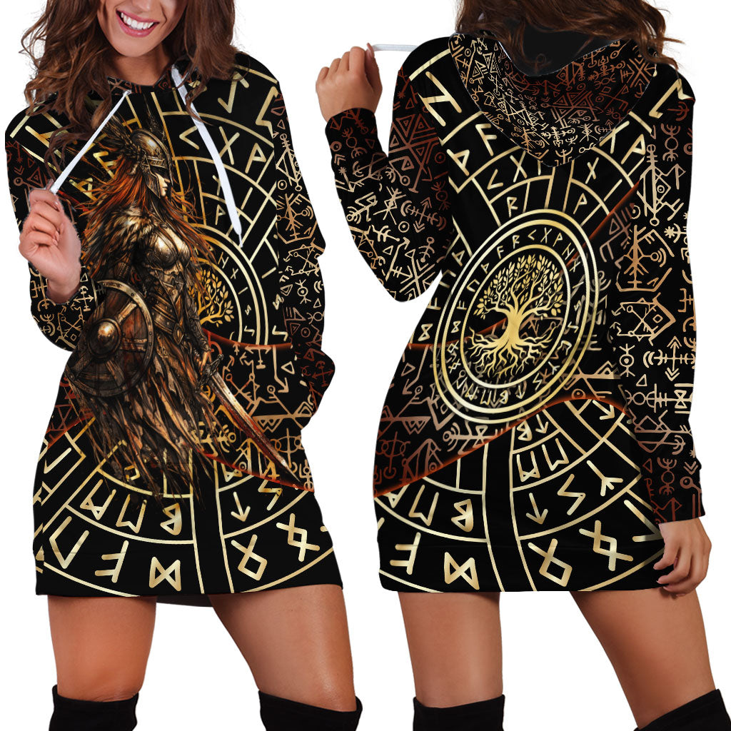 Viking Shieldmaiden and Yggdrasil Hoodie Dress Norse Rune Circle Mythology Illustration
