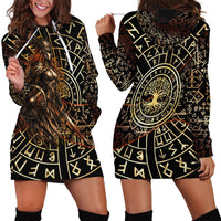 Viking Shieldmaiden and Yggdrasil Hoodie Dress Norse Rune Circle Mythology Illustration