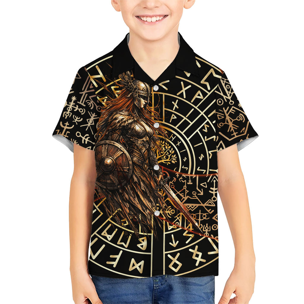 Viking Shieldmaiden and Yggdrasil Kid Hawaiian Shirt Norse Rune Circle Mythology Illustration