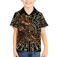 Viking Shieldmaiden and Yggdrasil Kid Hawaiian Shirt Norse Rune Circle Mythology Illustration