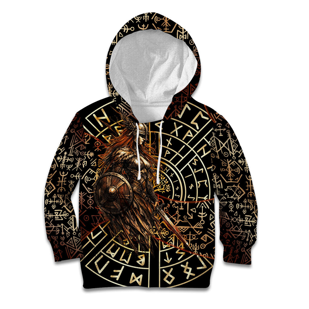 Viking Shieldmaiden and Yggdrasil Kid Hoodie Norse Rune Circle Mythology Illustration