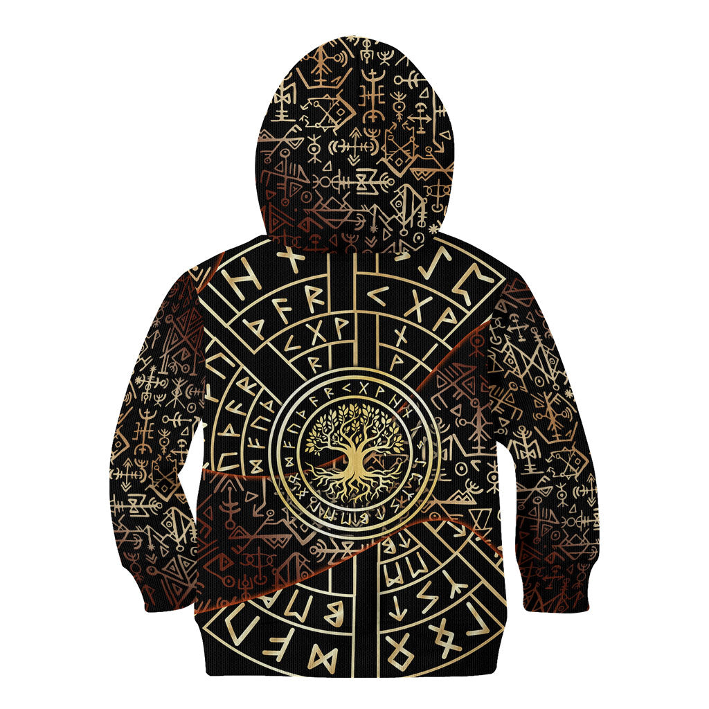Viking Shieldmaiden and Yggdrasil Kid Hoodie Norse Rune Circle Mythology Illustration