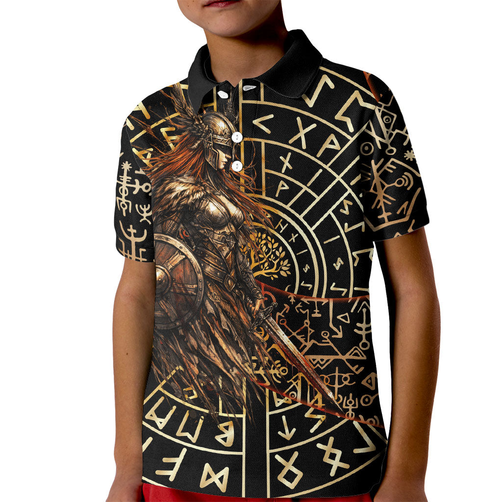 Viking Shieldmaiden and Yggdrasil Kid Polo Shirt Norse Rune Circle Mythology Illustration