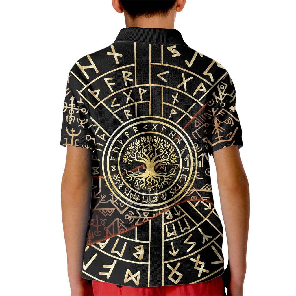Viking Shieldmaiden and Yggdrasil Kid Polo Shirt Norse Rune Circle Mythology Illustration