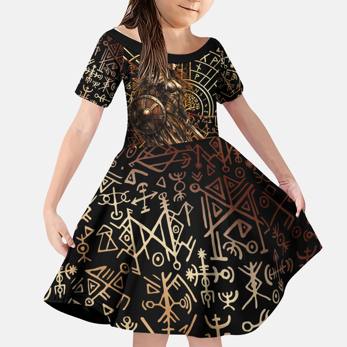 Viking Shieldmaiden and Yggdrasil Kid Short Sleeve Dress Norse Rune Circle Mythology Illustration