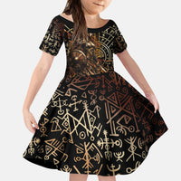 Viking Shieldmaiden and Yggdrasil Kid Short Sleeve Dress Norse Rune Circle Mythology Illustration