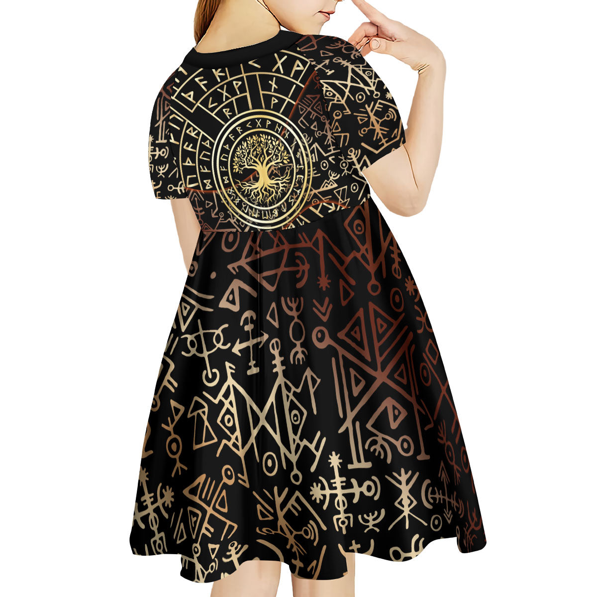 Viking Shieldmaiden and Yggdrasil Kid Short Sleeve Dress Norse Rune Circle Mythology Illustration