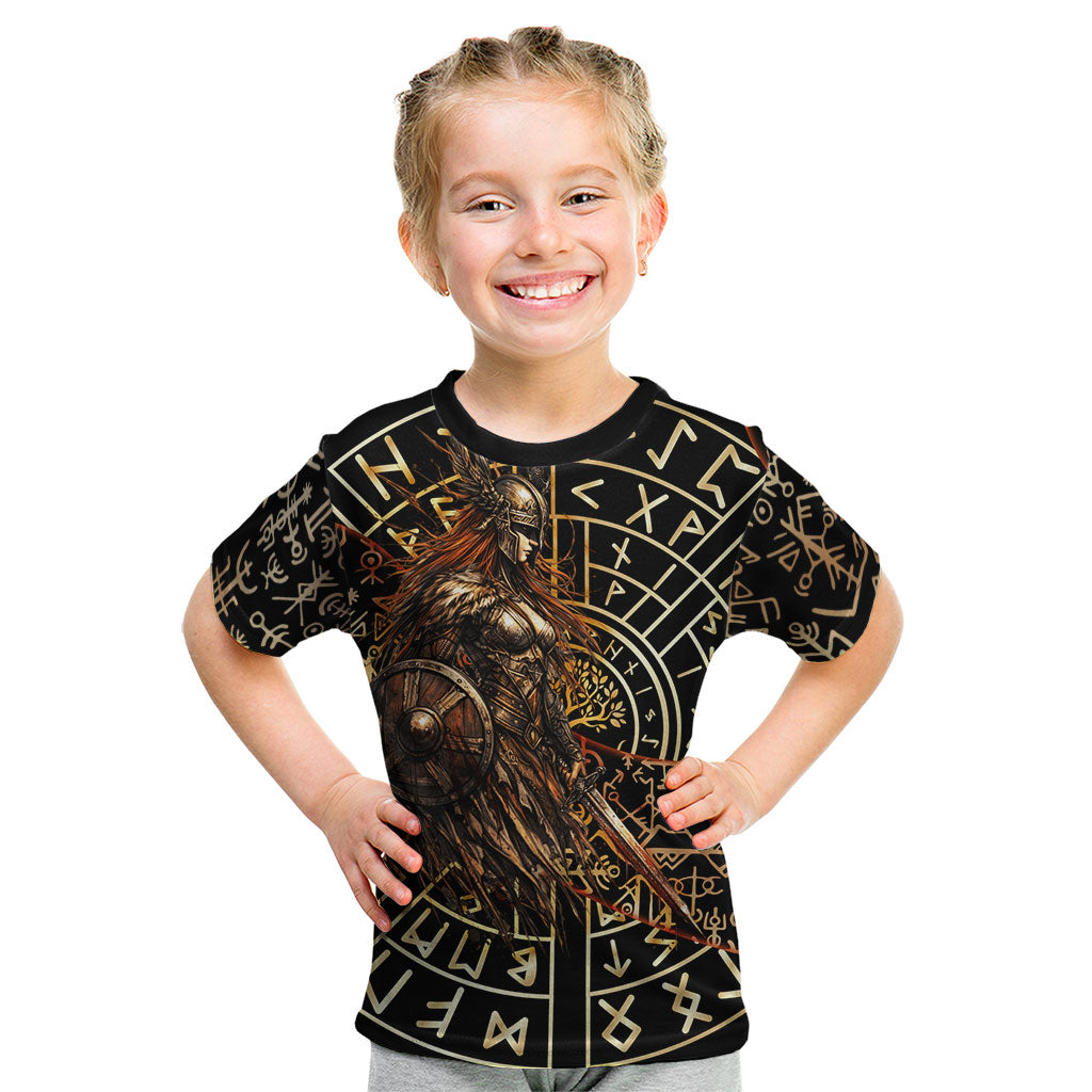 Viking Shieldmaiden and Yggdrasil Kid T Shirt Norse Rune Circle Mythology Illustration