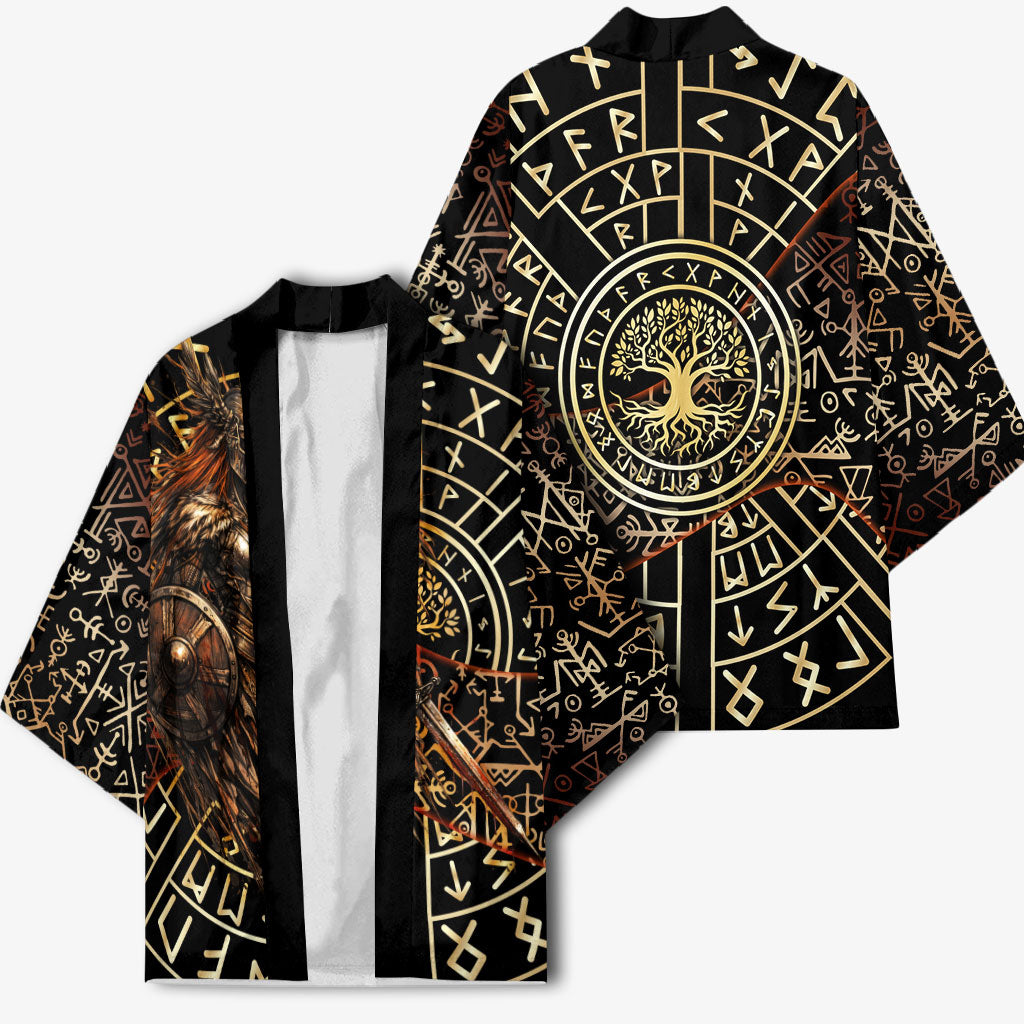 Viking Shieldmaiden and Yggdrasil Kimono Norse Rune Circle Mythology Illustration