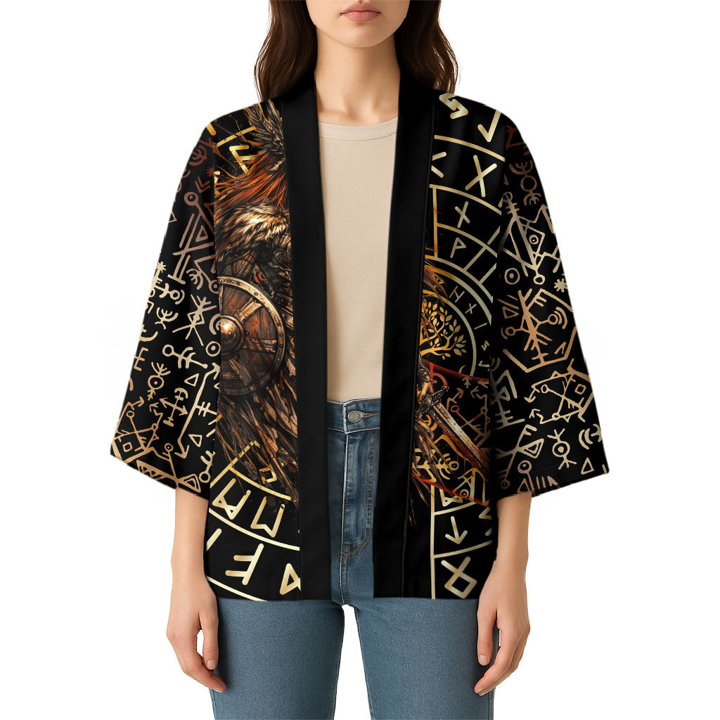 Viking Shieldmaiden and Yggdrasil Kimono Norse Rune Circle Mythology Illustration
