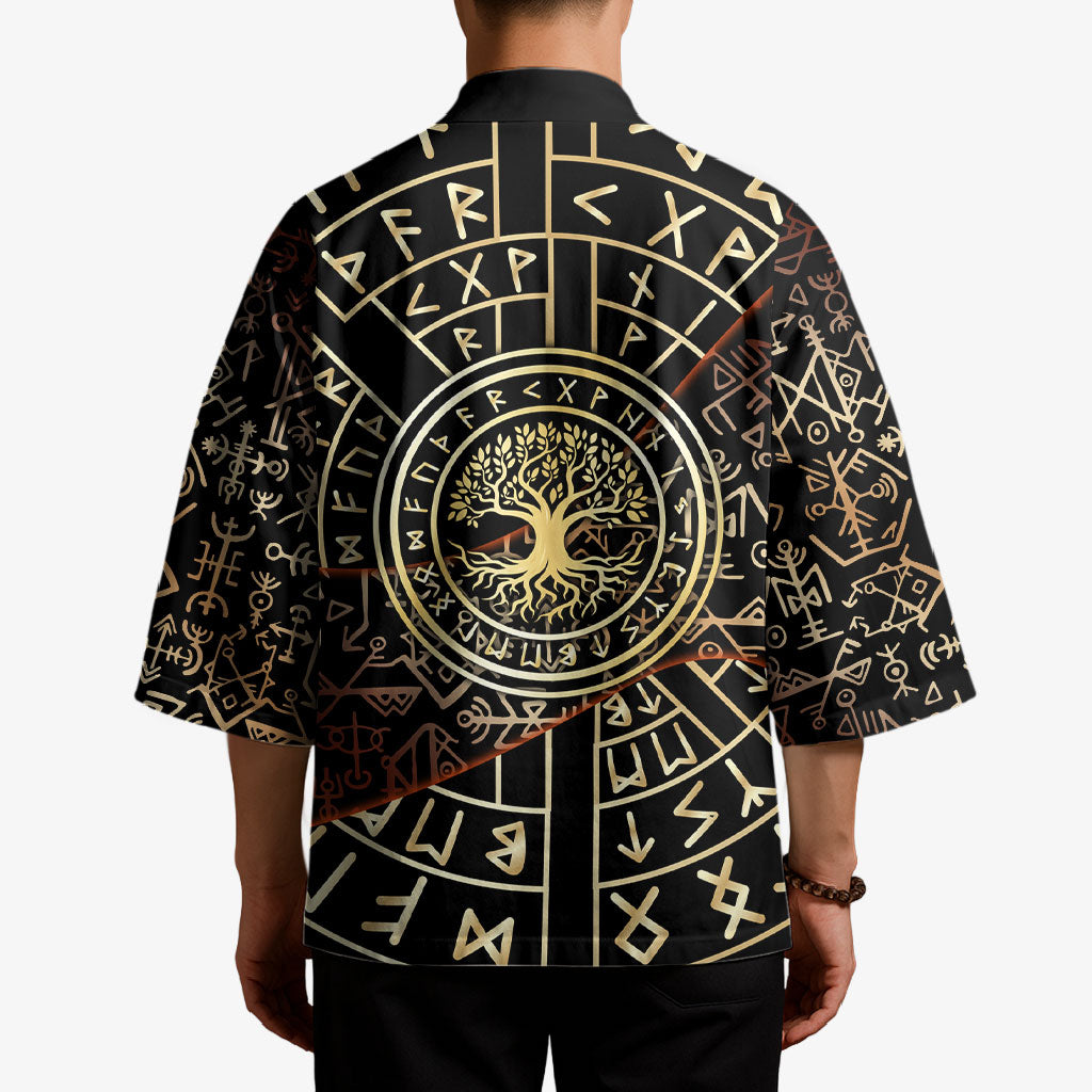 Viking Shieldmaiden and Yggdrasil Kimono Norse Rune Circle Mythology Illustration