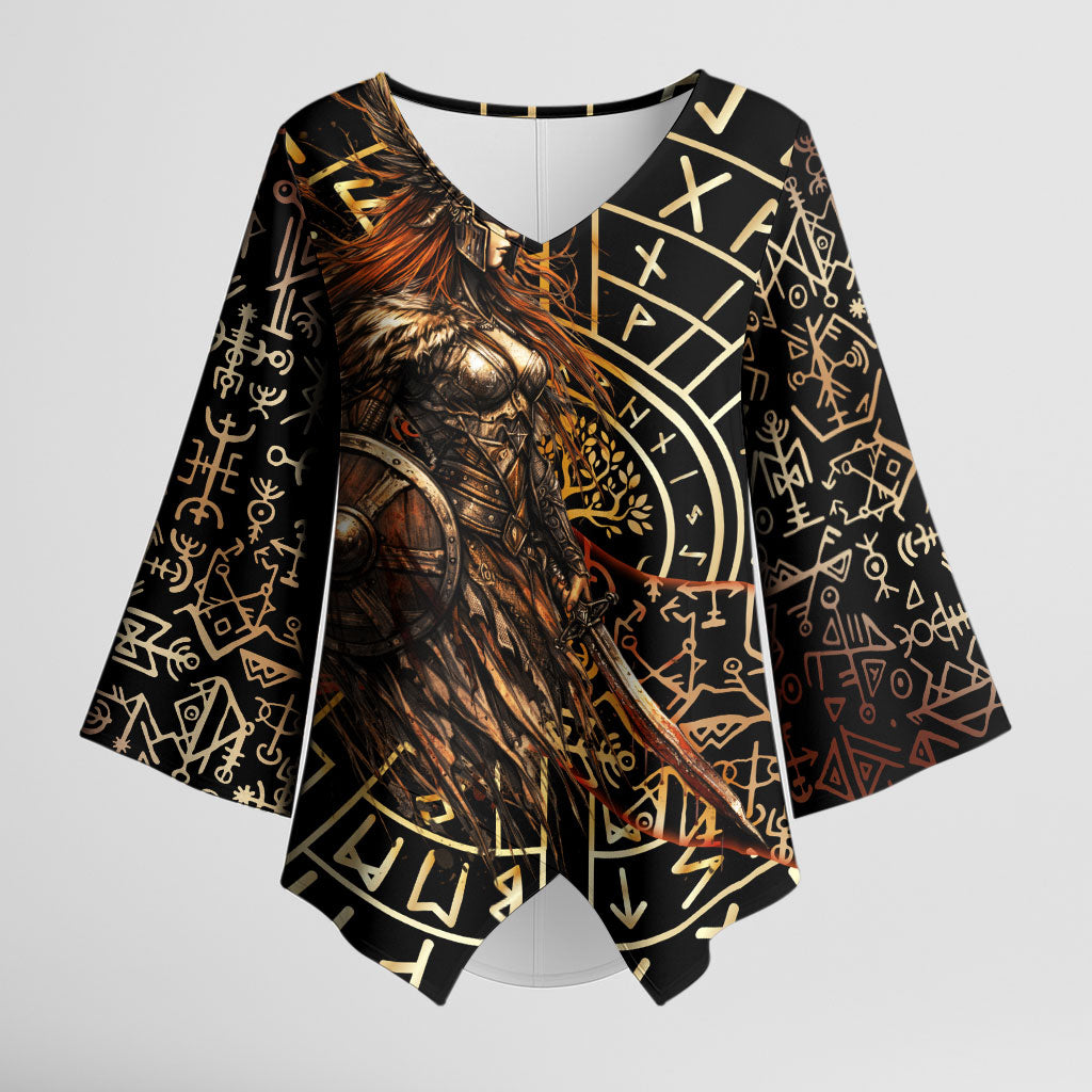 Viking Shieldmaiden and Yggdrasil Kimono Sleeve Blouse Norse Rune Circle Mythology Illustration