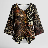 Viking Shieldmaiden and Yggdrasil Kimono Sleeve Blouse Norse Rune Circle Mythology Illustration