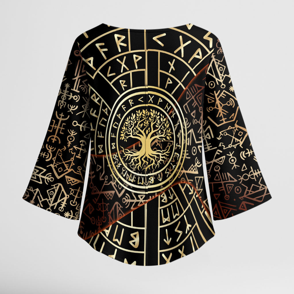 Viking Shieldmaiden and Yggdrasil Kimono Sleeve Blouse Norse Rune Circle Mythology Illustration
