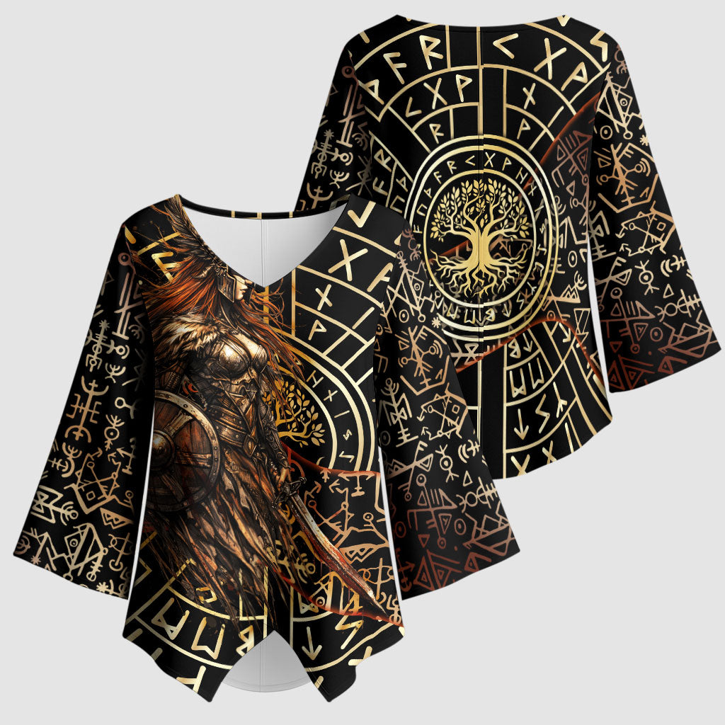 Viking Shieldmaiden and Yggdrasil Kimono Sleeve Blouse Norse Rune Circle Mythology Illustration