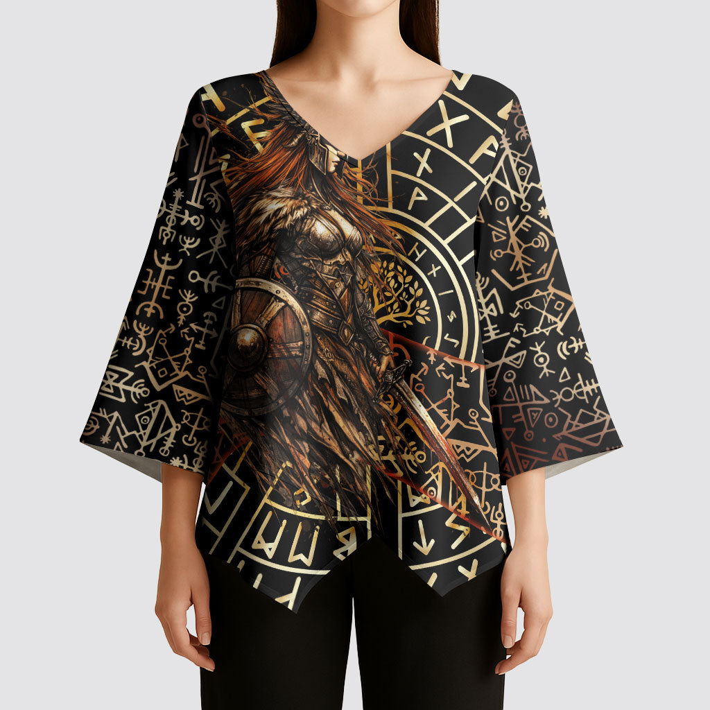 Viking Shieldmaiden and Yggdrasil Kimono Sleeve Blouse Norse Rune Circle Mythology Illustration