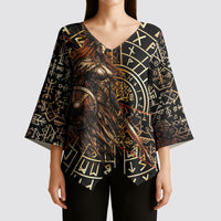 Viking Shieldmaiden and Yggdrasil Kimono Sleeve Blouse Norse Rune Circle Mythology Illustration