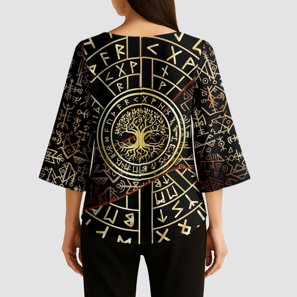 Viking Shieldmaiden and Yggdrasil Kimono Sleeve Blouse Norse Rune Circle Mythology Illustration