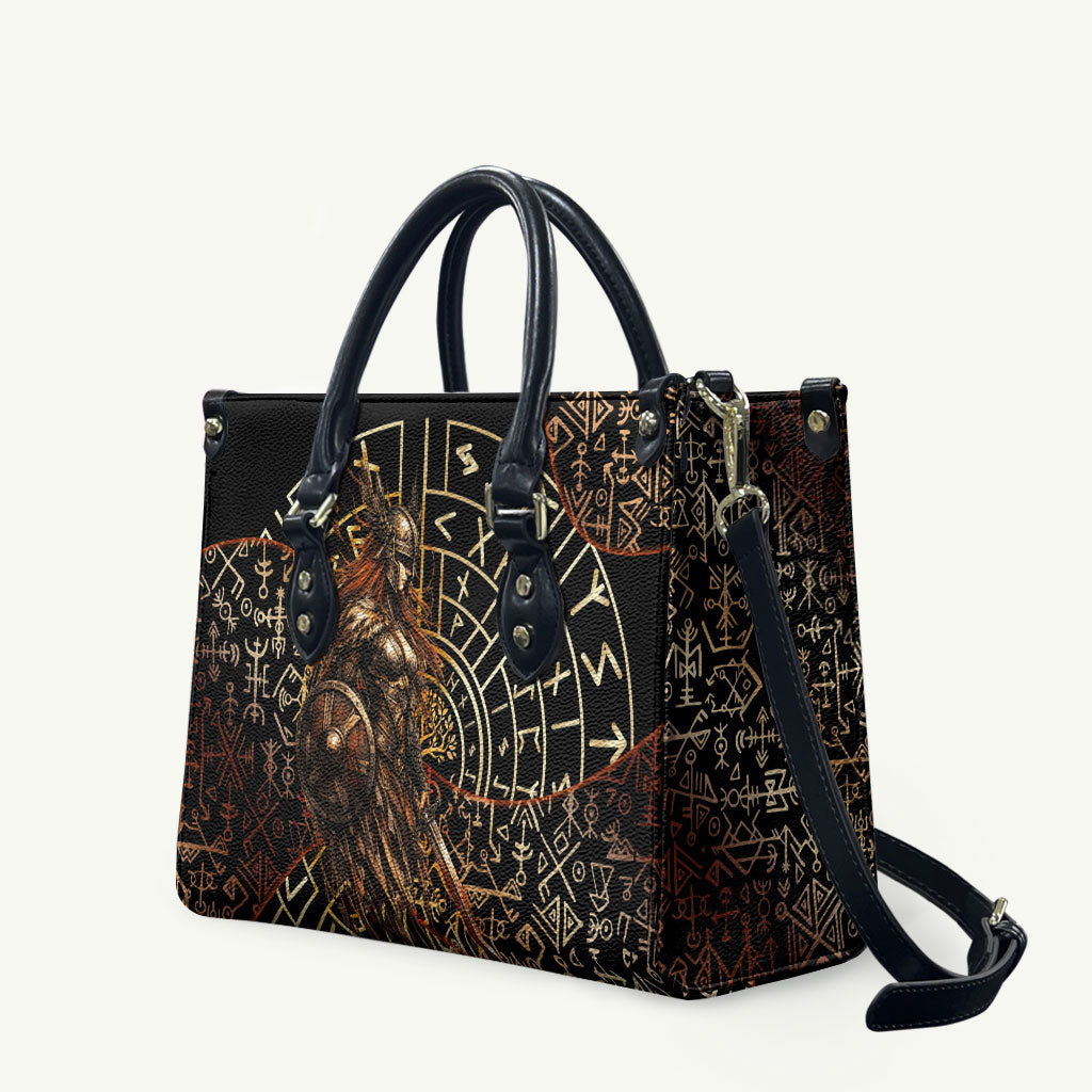 Viking Shieldmaiden and Yggdrasil Leather Bag Norse Rune Circle Mythology Illustration