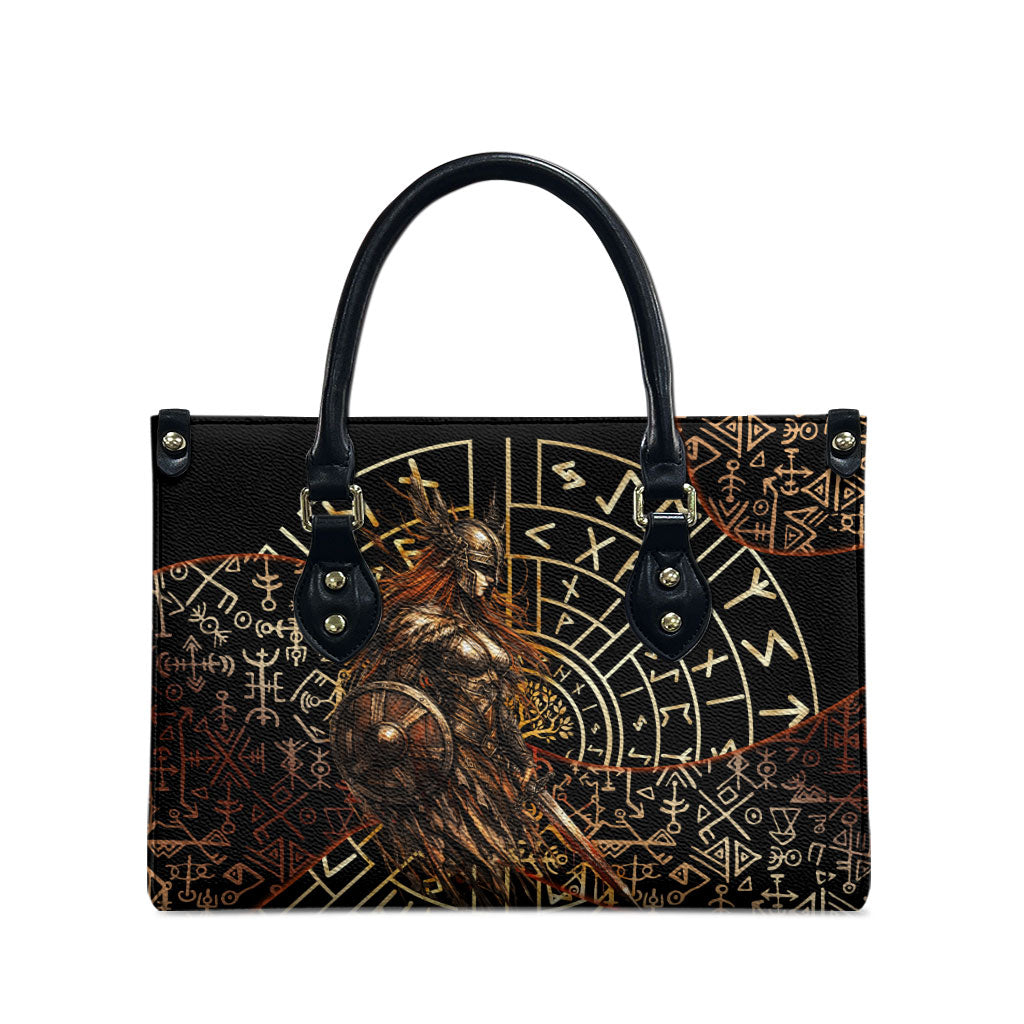 Viking Shieldmaiden and Yggdrasil Leather Bag Norse Rune Circle Mythology Illustration