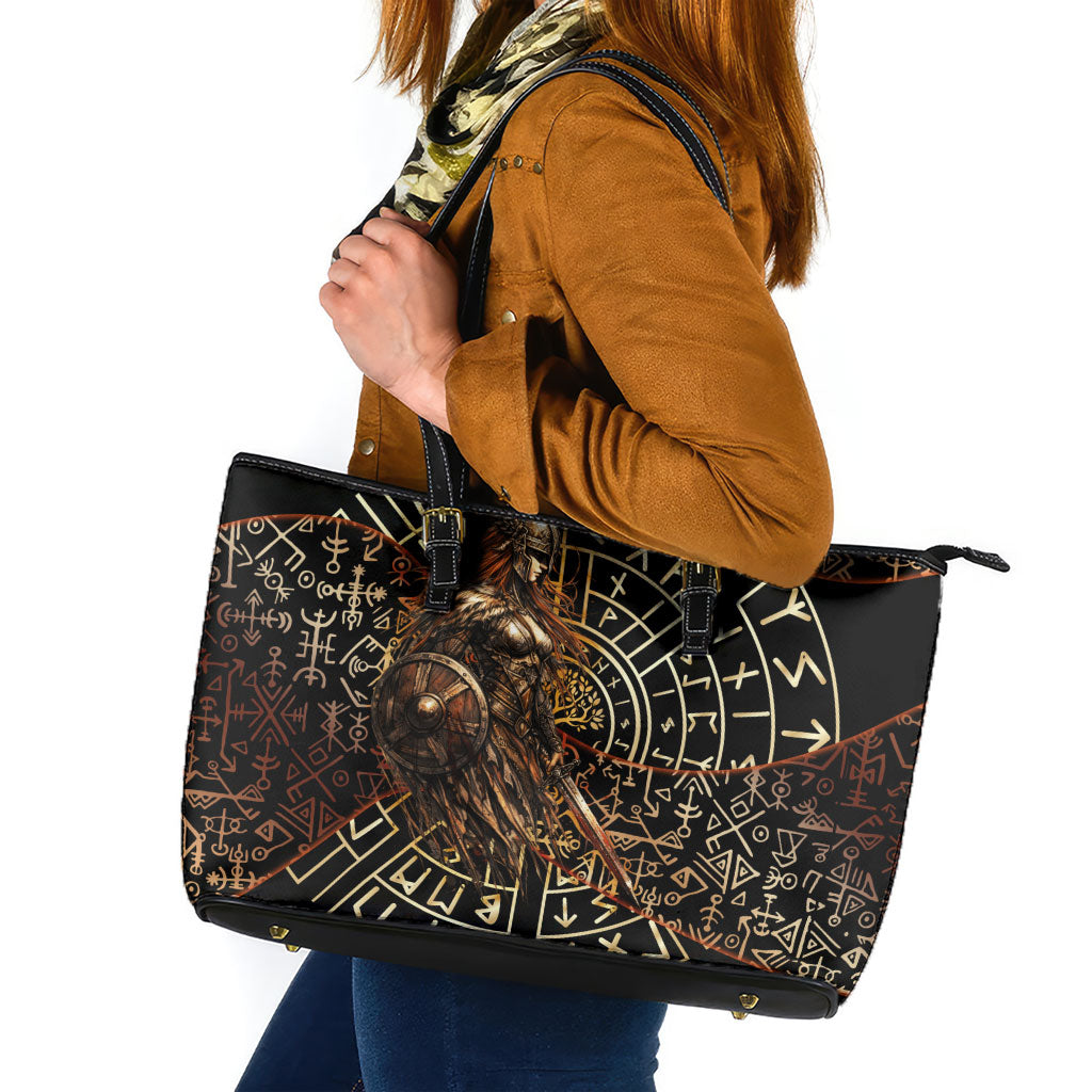 Viking Shieldmaiden and Yggdrasil Leather Tote Bag Norse Rune Circle Mythology Illustration