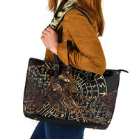 Viking Shieldmaiden and Yggdrasil Leather Tote Bag Norse Rune Circle Mythology Illustration