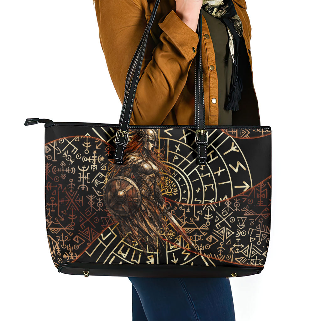 Viking Shieldmaiden and Yggdrasil Leather Tote Bag Norse Rune Circle Mythology Illustration