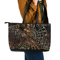 Viking Shieldmaiden and Yggdrasil Leather Tote Bag Norse Rune Circle Mythology Illustration
